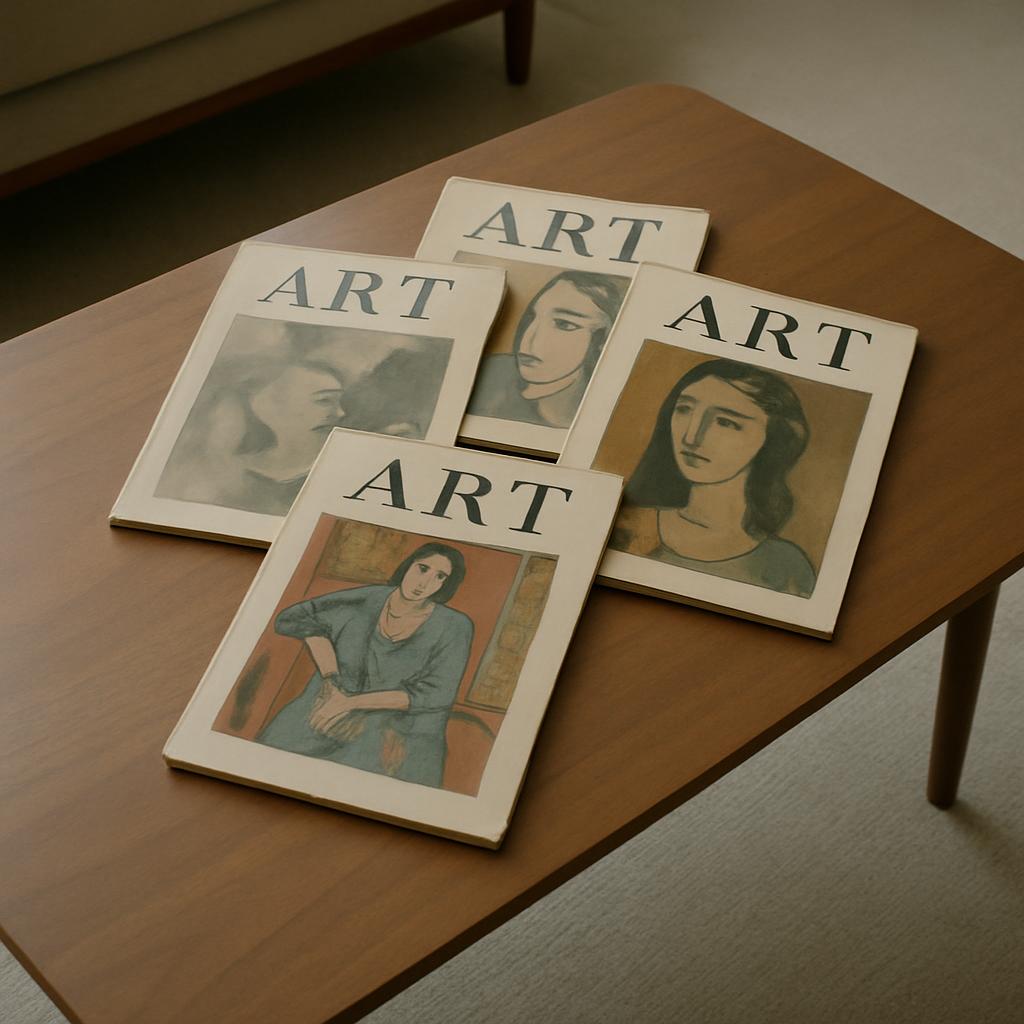 This image shows a stack of art books with old paintings of women on them, placed on a coffee table. The books measure abo...
