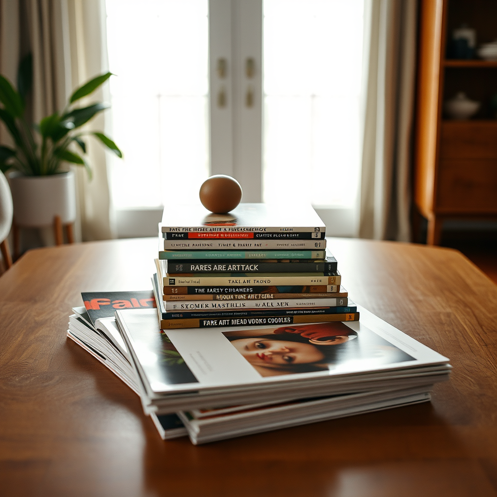 A stack of magazines and a thin stack of books featuring "RARES ARE ARITUCK" atop a formerly smooth medium brown table fil...