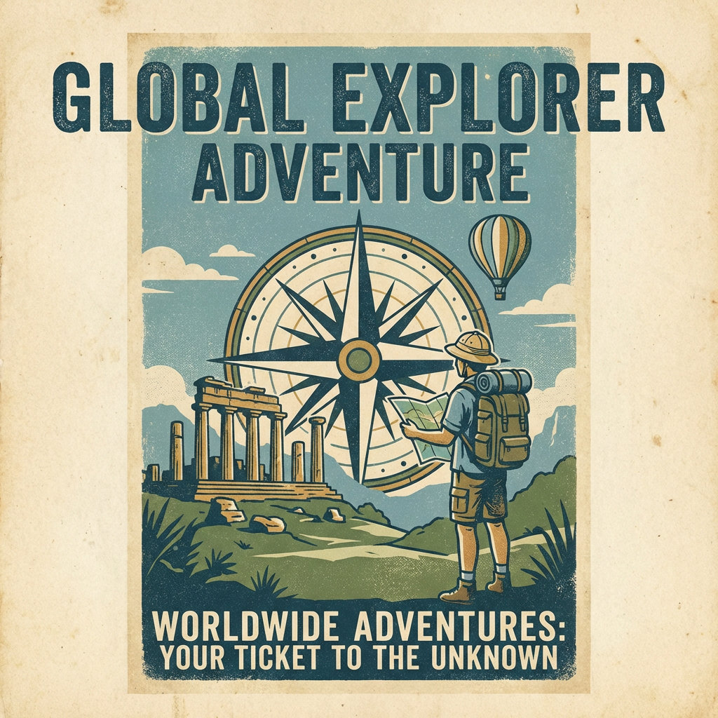 Global Explorer Adventure poster with explorer, ruins, and text: Worldwide Adventures: Your Ticket to the Unknown.